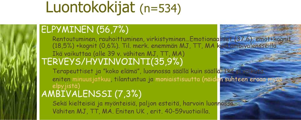 vähiten MJ, TT, MA) TERVEYS/HYVINVOINTI(35,9%) Terapeuttiset ja koko elämä, luonnossa säällä kuin säällä. Ikä ei vaikuta.