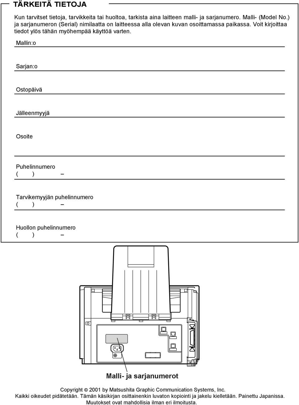 Mallin:o Sarjan:o Ostopäivä Jälleenmyyjä Osoite Puhelinnumero ( ) Tarvikemyyjän puhelinnumero ( ) Huollon puhelinnumero ( ) Malli- ja sarjanumerot Copyright 00 by