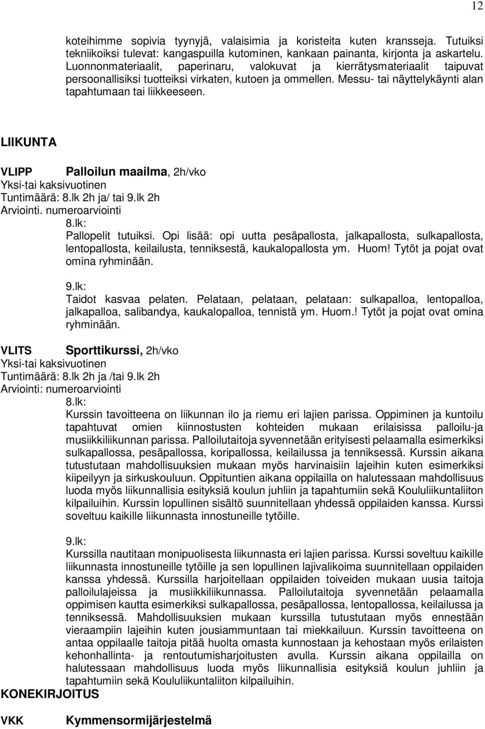 LIIKUNTA VLIPP Palloilun maailma, 2h/vko Tuntimäärä: 8.lk 2h ja/ tai 9.lk 2h Arviointi. numeroarviointi Pallopelit tutuiksi.