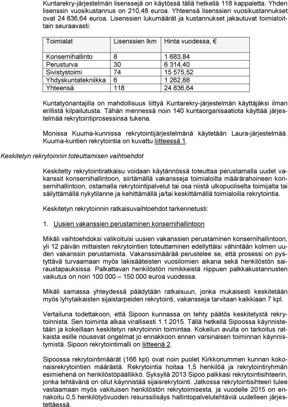 Yhdyskuntatekniikka 6 1 262,88 Yhteensä 118 24 836,64 Kuntatyönantajilla on mahdollisuus liittyä Kuntarekry-järjestelmän käyttäjäksi ilman erillistä kilpailutusta.