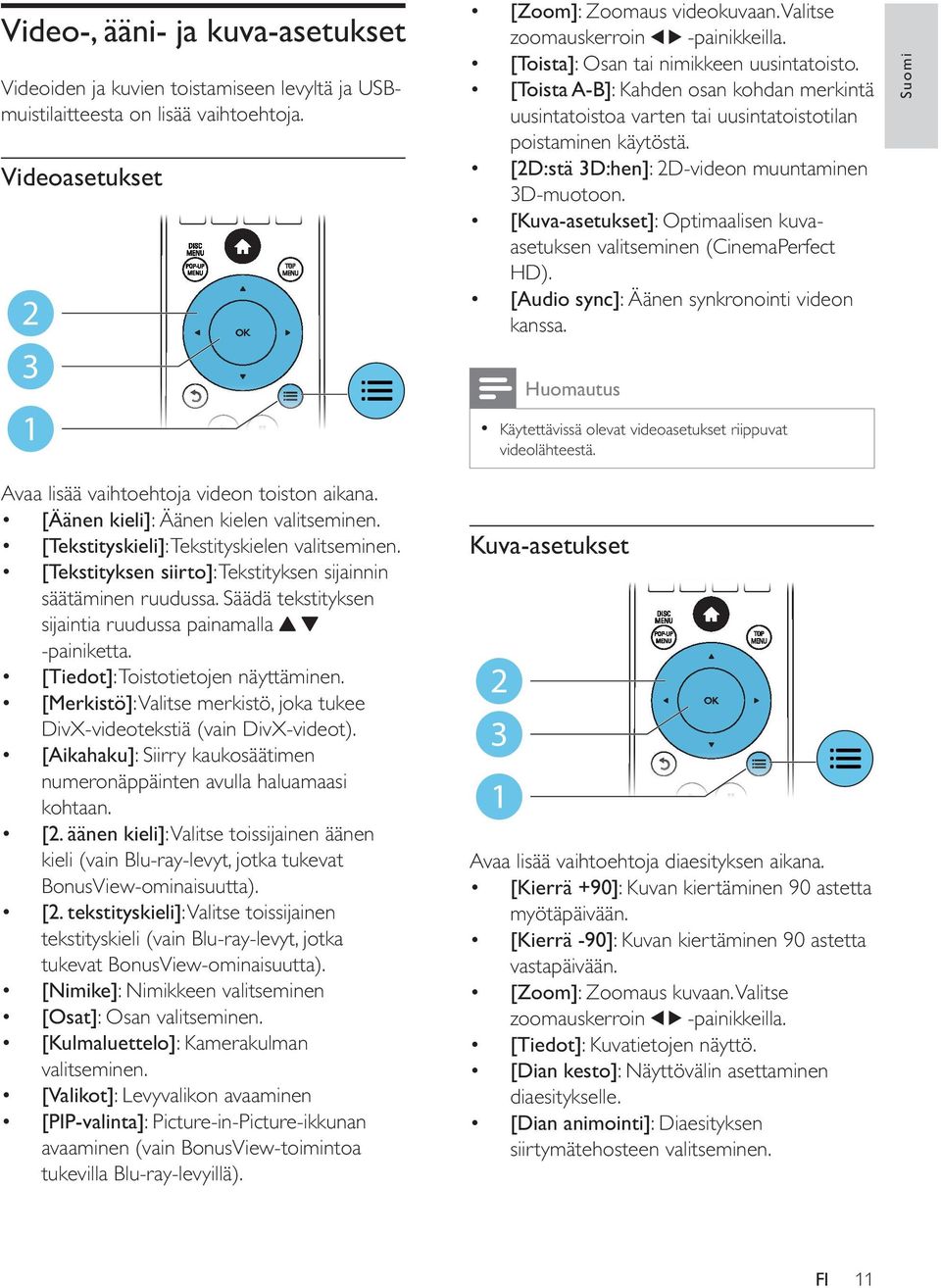 [2D:stä 3D:hen]: 2D-videon muuntaminen 3D-muotoon. [Kuva-asetukset]: Optimaalisen kuvaasetuksen valitseminen (CinemaPerfect HD). [Audio sync]: Äänen synkronointi videon kanssa.