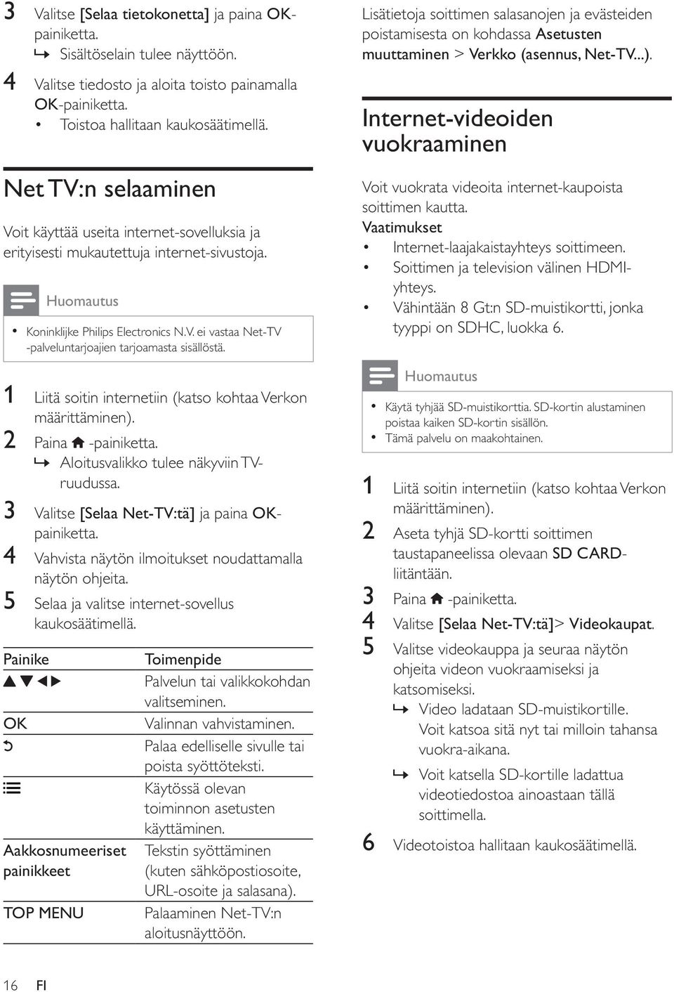 1 Liitä soitin internetiin (katso kohtaa Verkon määrittäminen). 2 Paina -painiketta.» Aloitusvalikko tulee näkyviin TVruudussa. 3 Valitse [Selaa Net-TV:tä] ja paina OKpainiketta.