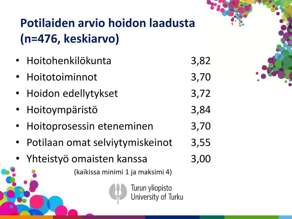 Hoitoympäristö 3,84 Hoitoprosessin eteneminen 3,70 Potilaan omat