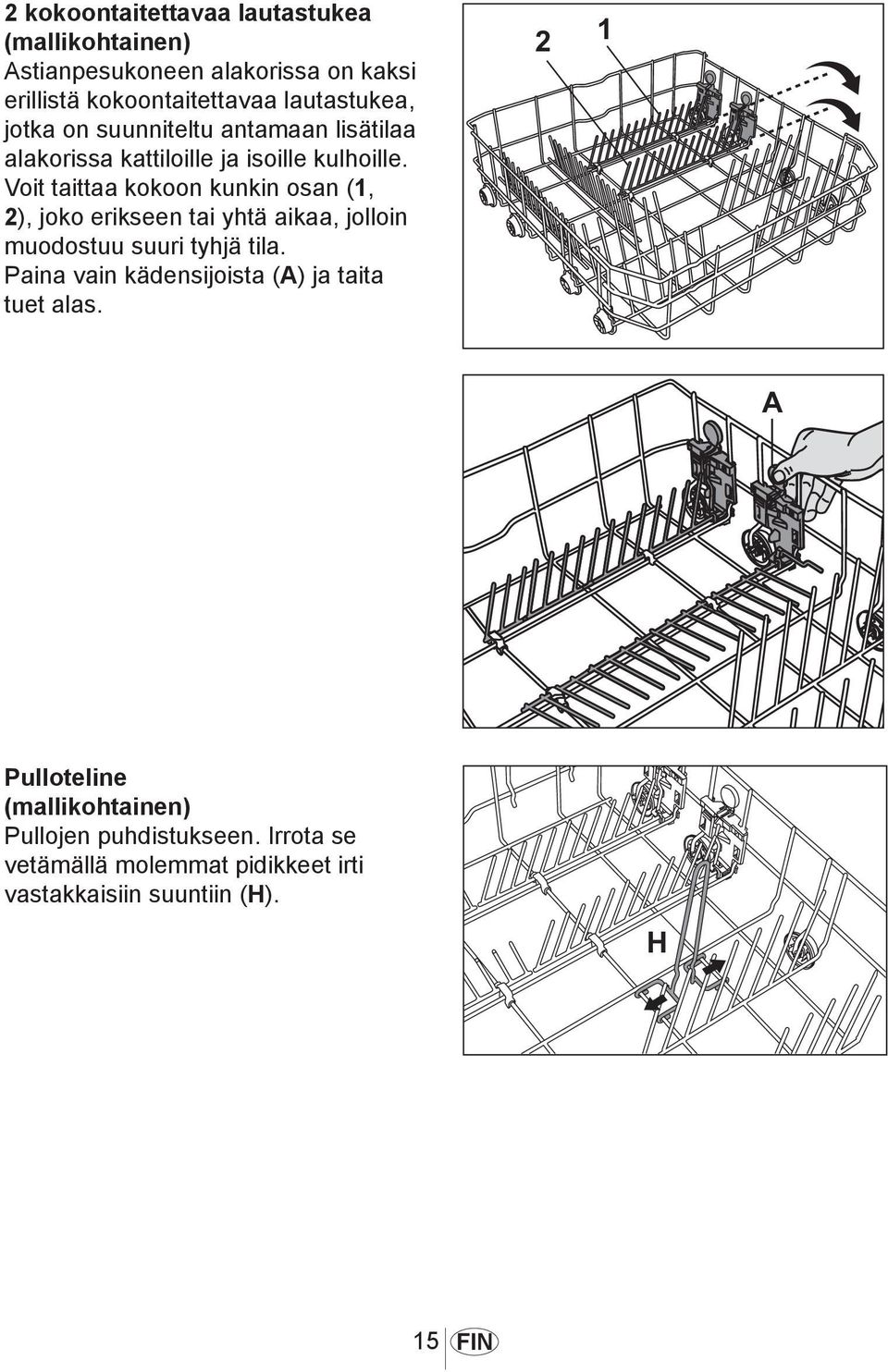 Voit taittaa kokoon kunkin osan (1, 2), joko erikseen tai yhtä aikaa, jolloin muodostuu suuri tyhjä tila.