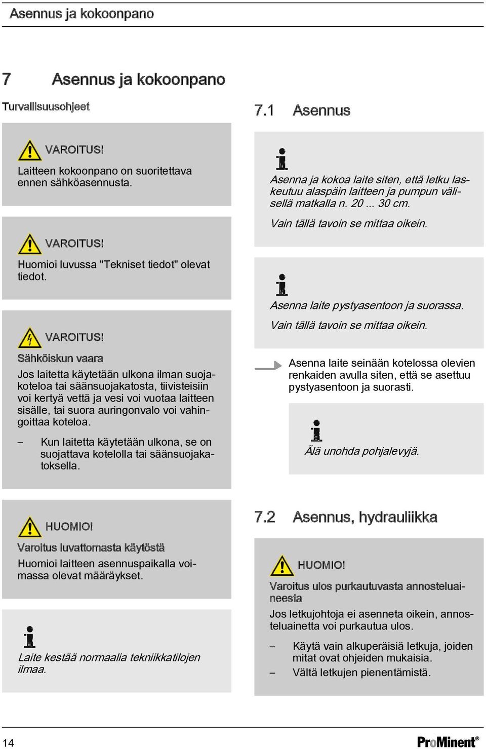 Huomioi luvussa "Tekniset tiedot" olevat tiedot. Asenna laite pystyasentoon ja suorassa. VAROITUS!