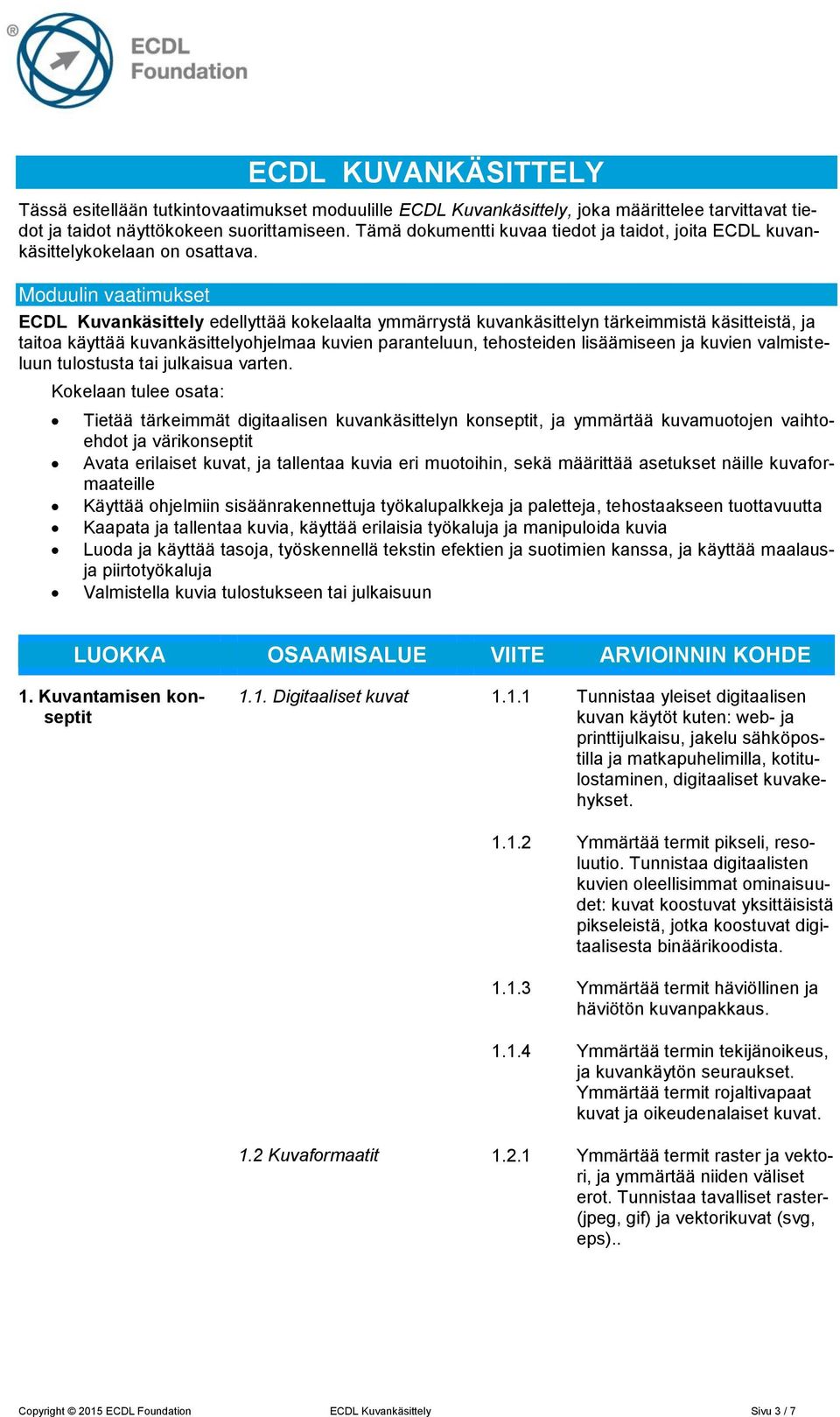 Moduulin vaatimukset ECDL Kuvankäsittely edellyttää kokelaalta ymmärrystä kuvankäsittelyn tärkeimmistä käsitteistä, ja taitoa käyttää kuvankäsittelyohjelmaa kuvien paranteluun, tehosteiden