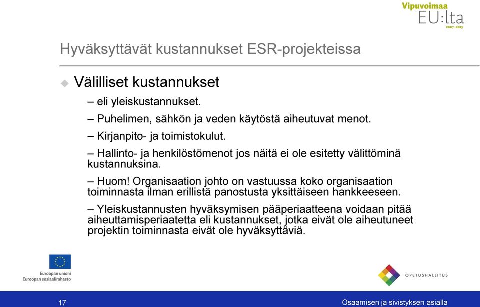 Organisaation johto on vastuussa koko organisaation toiminnasta ilman erillistä panostusta yksittäiseen hankkeeseen.