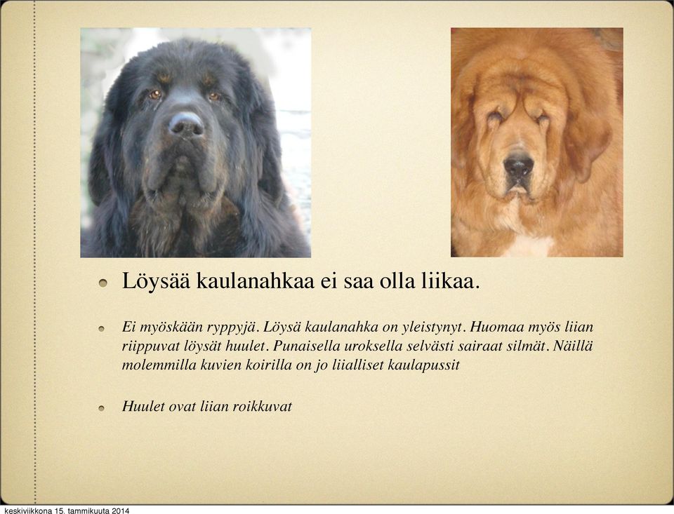 Huomaa myös liian riippuvat löysät huulet.