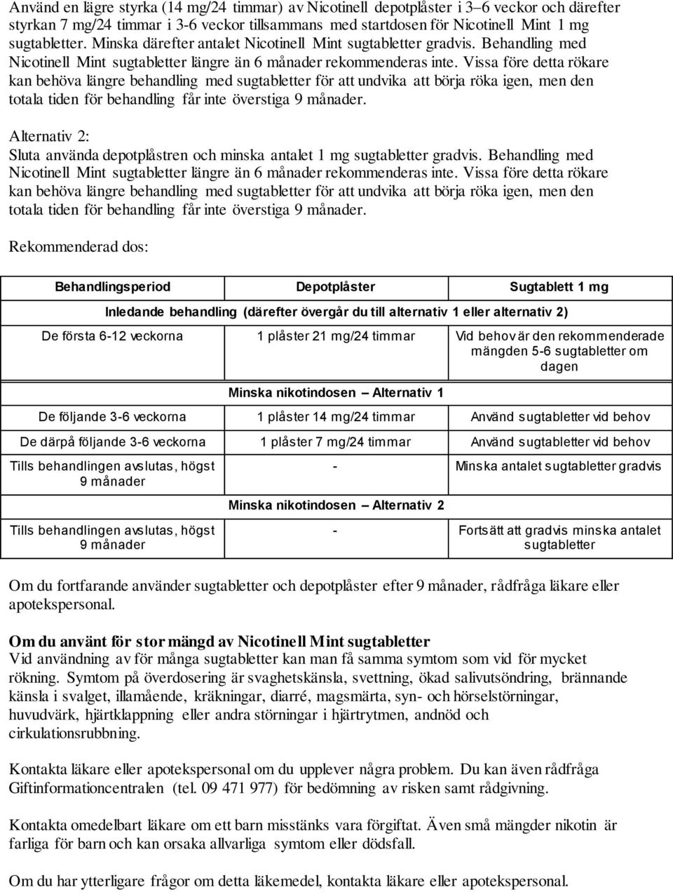 Vissa före detta rökare kan behöva längre behandling med sugtabletter för att undvika att börja röka igen, men den totala tiden för behandling får inte överstiga 9 månader.