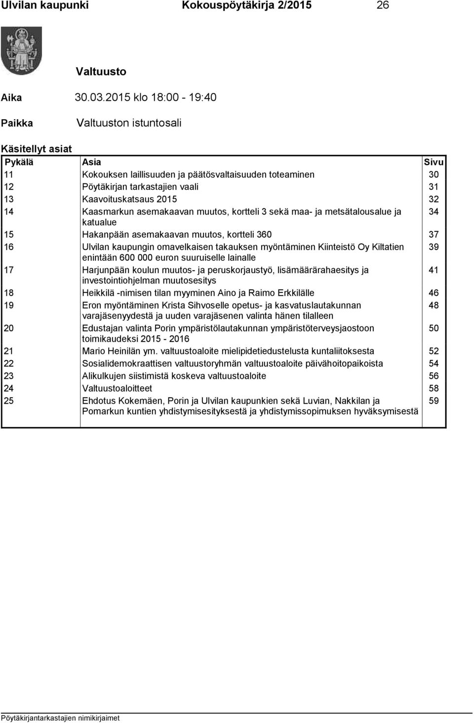 Kaavoituskatsaus 2015 32 14 Kaasmarkun asemakaavan muutos, kortteli 3 sekä maa- ja metsätalousalue ja 34 katualue 15 Hakanpään asemakaavan muutos, kortteli 360 37 16 Ulvilan kaupungin omavelkaisen