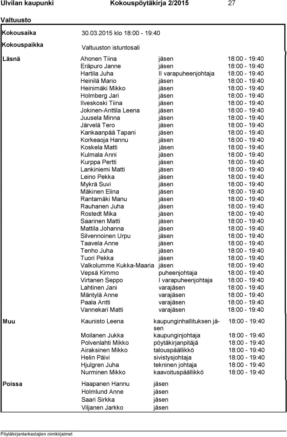 18:00-19:40 Heinimäki Mikko jäsen 18:00-19:40 Holmberg Jari jäsen 18:00-19:40 Ilveskoski Tiina jäsen 18:00-19:40 Jokinen-Anttila Leena jäsen 18:00-19:40 Juusela Minna jäsen 18:00-19:40 Järvelä Tero