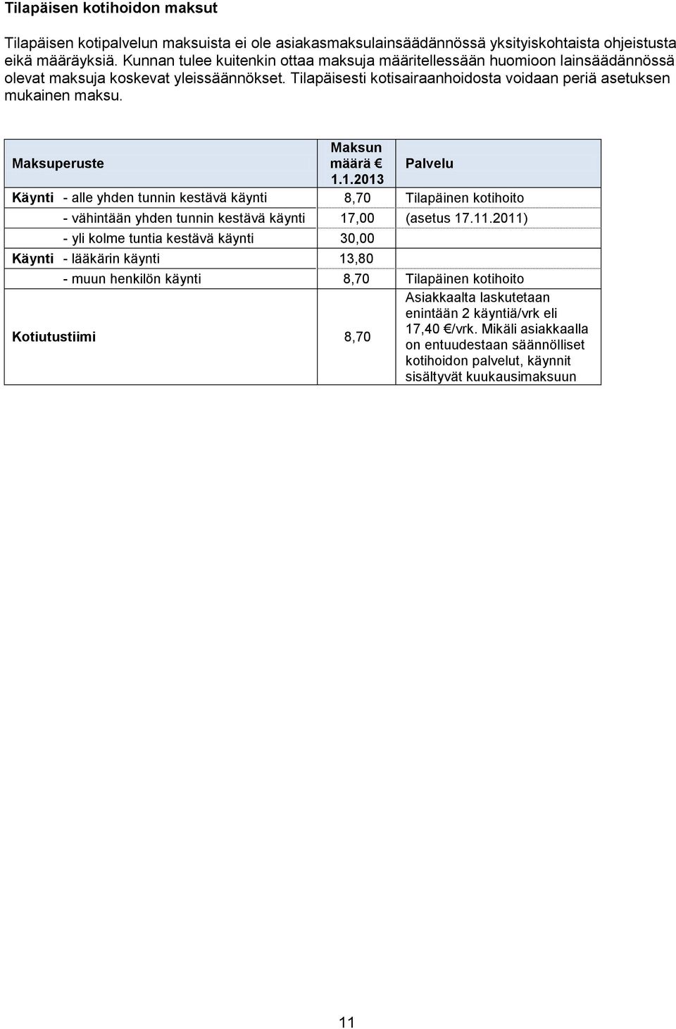 Maksuperuste Maksun määrä Palvelu 1.1.2013 Käynti - alle yhden tunnin kestävä käynti 8,70 Tilapäinen kotihoito - vähintään yhden tunnin kestävä käynti 17,00 (asetus 17.11.