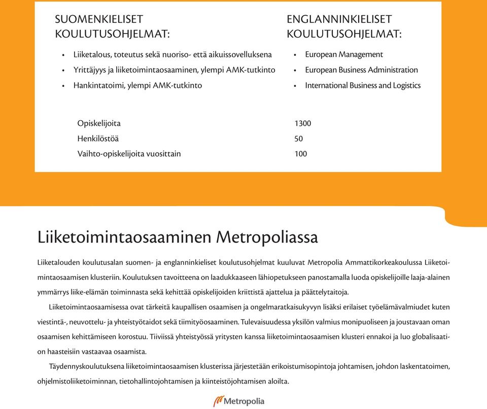 Liiketoimintaosaaminen Metropoliassa Liiketalouden koulutusalan suomen- ja englanninkieliset koulutusohjelmat kuuluvat Metropolia Ammattikorkeakoulussa Liiketoimintaosaamisen klusteriin.