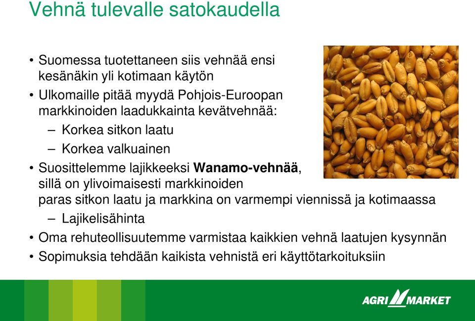 Wanamo-vehnää, sillä on ylivoimaisesti markkinoiden paras sitkon laatu ja markkina on varmempi viennissä ja kotimaassa