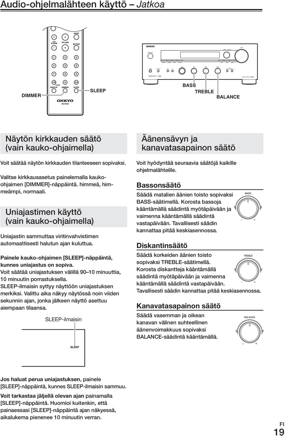 uniajastimen käyttö (vain kauko-ohjaimella) uniajastin sammuttaa viritinvahvistimen automaattisesti halutun ajan kuluttua. Painele.kauko-ohjaimen.[sLEEP]-näppäintä,. kunnes.uniajastus.on.sopiva.