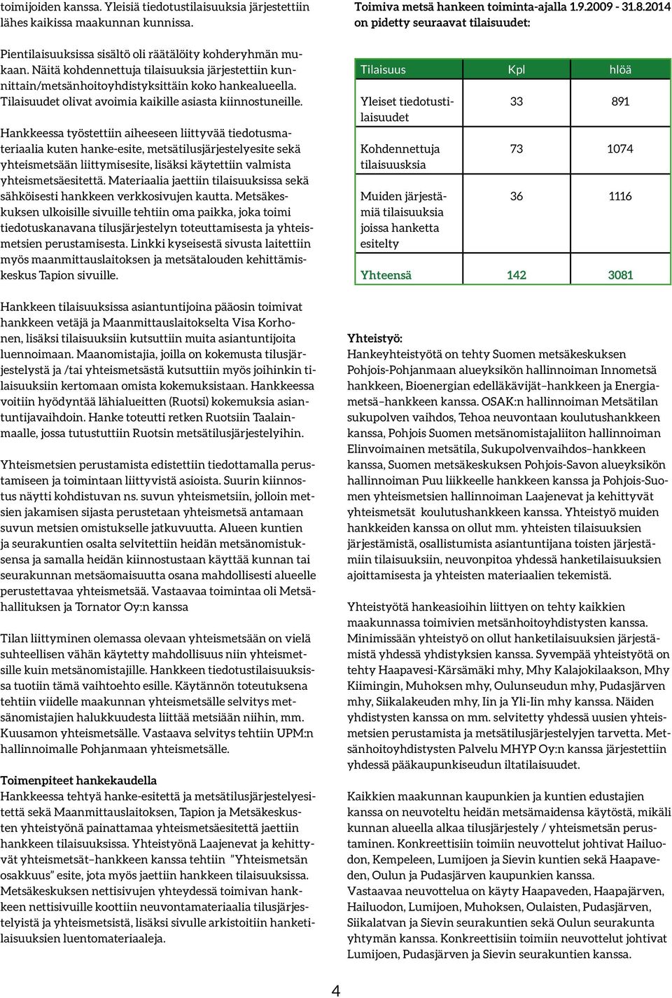 Hankkeessa työstettiin aiheeseen liittyvää tiedotusmateriaalia kuten hanke-esite, metsätilusjärjestelyesite sekä yhteismetsään liittymisesite, lisäksi käytettiin valmista yhteismetsäesitettä.