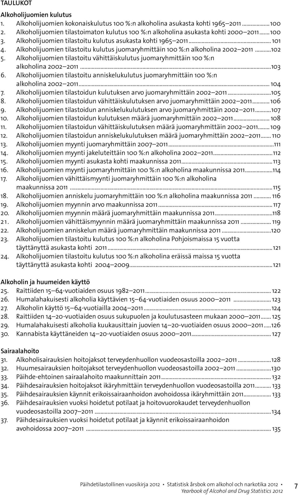 Alkoholijuomien tilastoitu kulutus juomaryhmittäin 100 %:n alkoholina 2002 2011...102 5. Alkoholijuomien tilastoitu vähittäiskulutus juomaryhmittäin 100 %:n alkoholina 2002 2011...103 6.