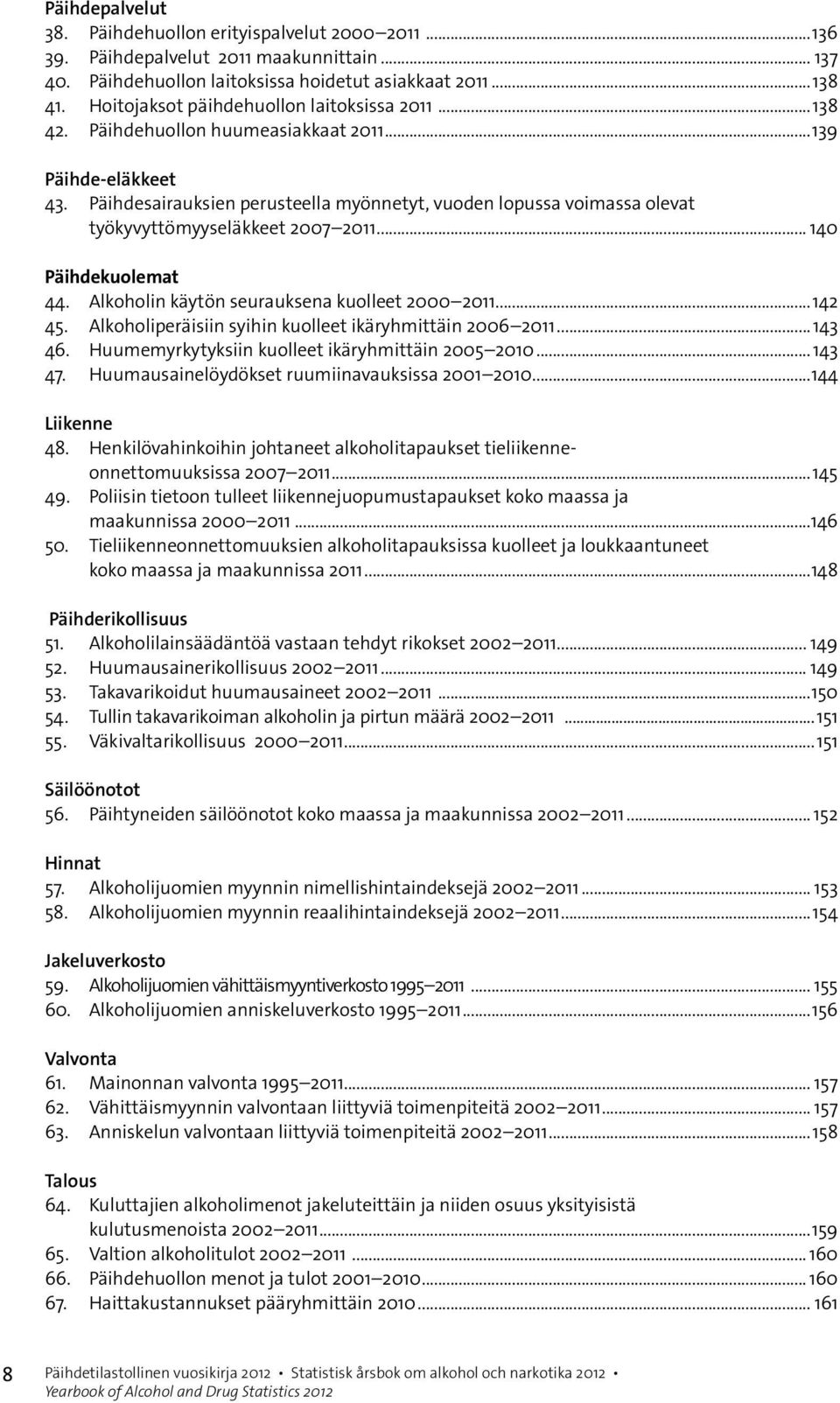 Päihdesairauksien perusteella myönnetyt, vuoden lopussa voimassa olevat työkyvyttömyyseläkkeet 2007 2011... 140 Päihdekuolemat 44. Alkoholin käytön seurauksena kuolleet 2000 2011...142 45.