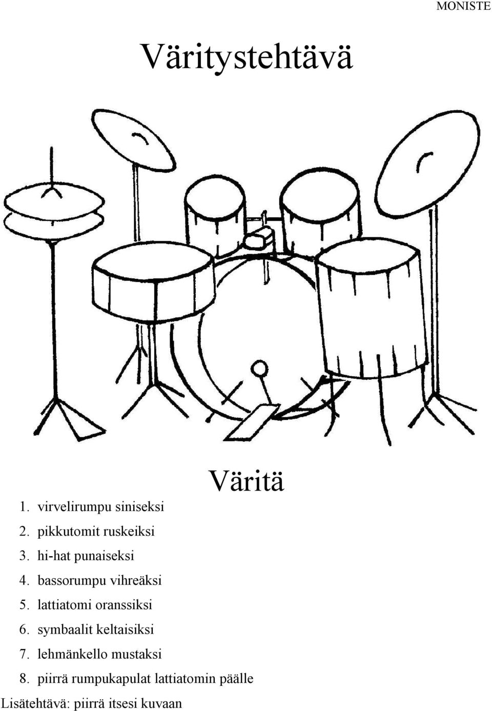 lattiatomi oranssiksi 6. symbaalit keltaisiksi 7.