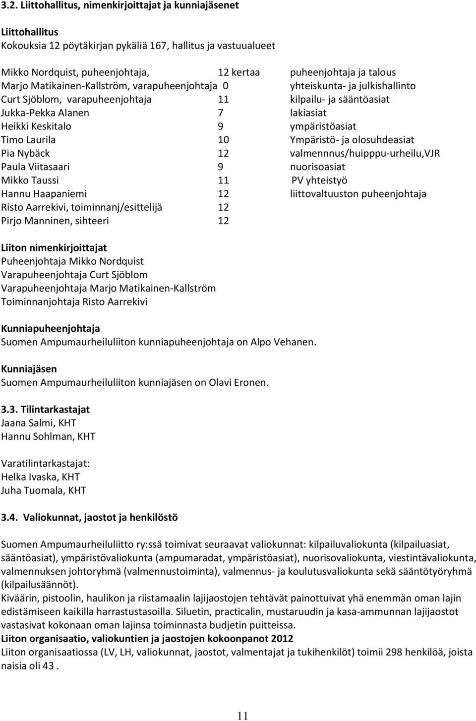 ympäristöasiat Timo Laurila 10 Ympäristö- ja olosuhdeasiat Pia Nybäck 12 valmennnus/huipppu-urheilu,vjr Paula Viitasaari 9 nuorisoasiat Mikko Taussi 11 PV yhteistyö Hannu Haapaniemi 12