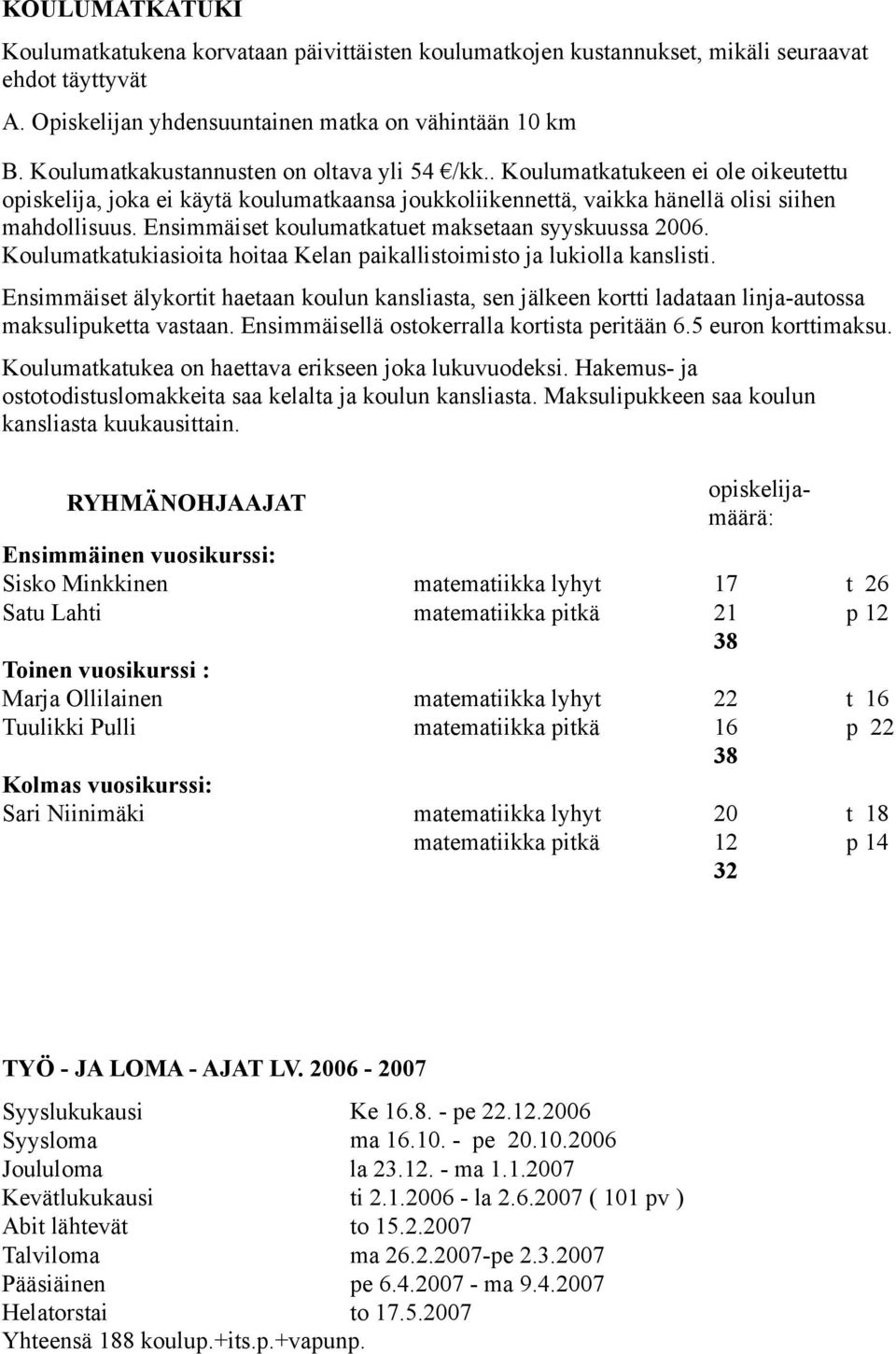 Ensimmäiset koulumatkatuet maksetaan syyskuussa 2006. Koulumatkatukiasioita hoitaa Kelan paikallistoimisto ja lukiolla kanslisti.