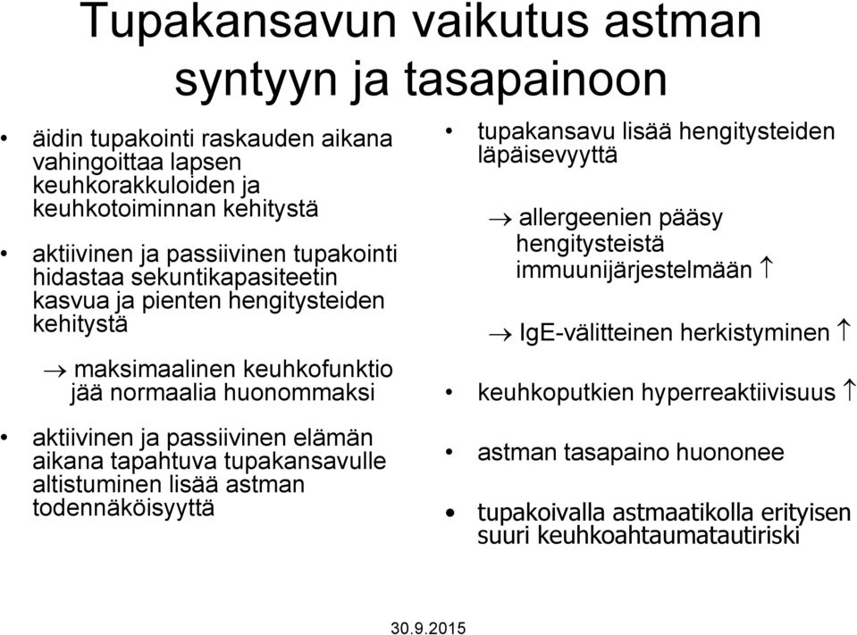 hengitysteiden läpäisevyyttä allergeenien pääsy hengitysteistä immuunijärjestelmään IgE-välitteinen herkistyminen keuhkoputkien hyperreaktiivisuus aktiivinen ja