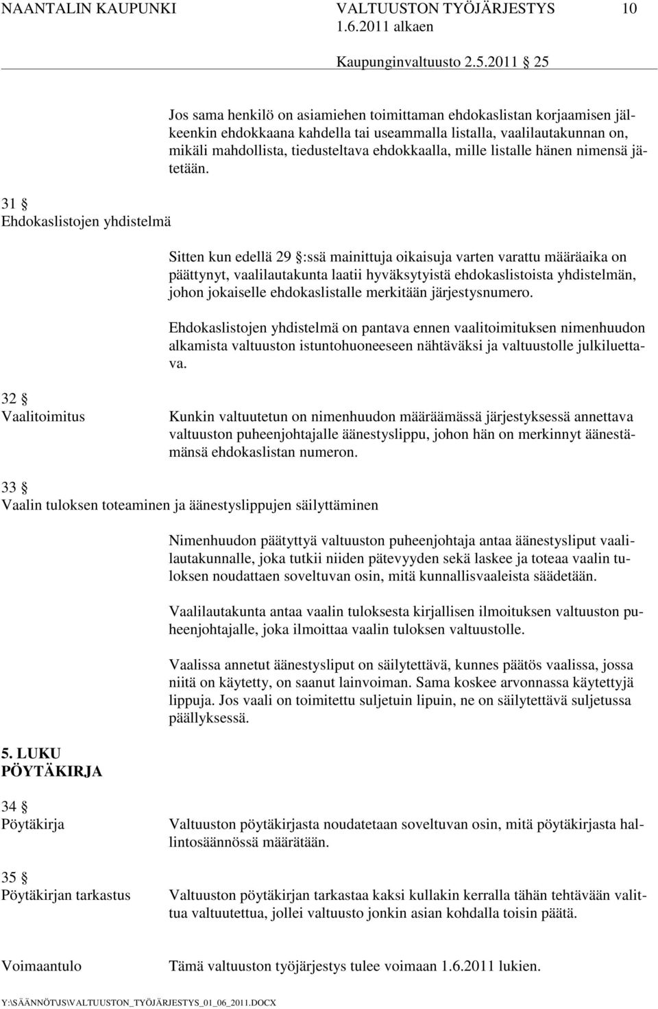 Sitten kun edellä 29 :ssä mainittuja oikaisuja varten varattu määräaika on päättynyt, vaalilautakunta laatii hyväksytyistä ehdokaslistoista yhdistelmän, johon jokaiselle ehdokaslistalle merkitään