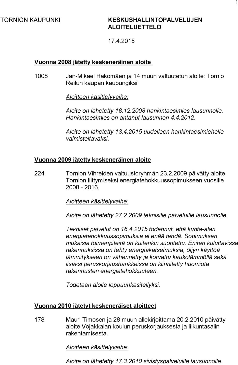 Vuonna 2009 jätetty keskeneräinen aloite 224 Tornion Vihreiden valtuustoryhmän 23.2.2009 päivätty aloite Tornion liittymiseksi energiatehokkuussopimukseen vuosille 2008-2016. Aloite on lähetetty 27.2.2009 teknisille palveluille lausunnolle.