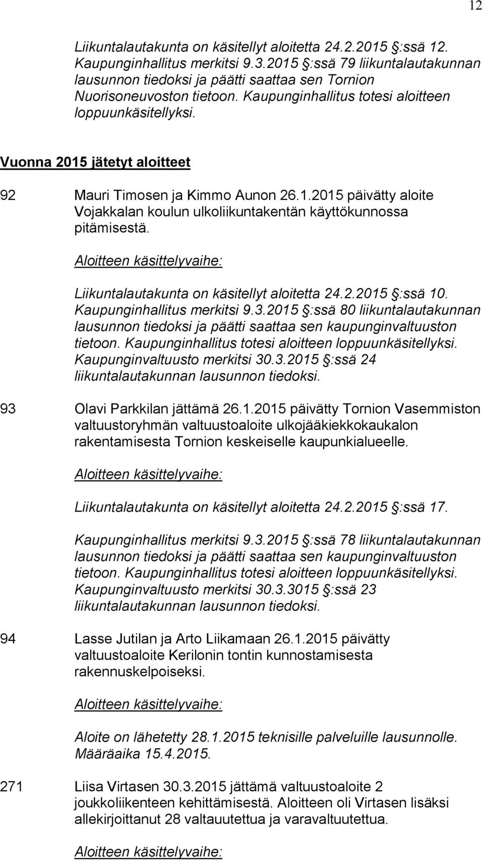 Vuonna 2015 jätetyt aloitteet 92 Mauri Timosen ja Kimmo Aunon 26.1.2015 päivätty aloite Vojakkalan koulun ulkoliikuntakentän käyttökunnossa pitämisestä. Liikuntalautakunta on käsitellyt aloitetta 24.