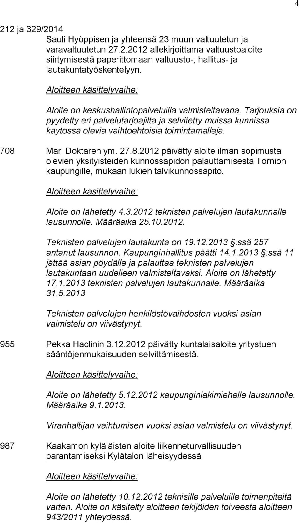 27.8.2012 päivätty aloite ilman sopimusta olevien yksityisteiden kunnossapidon palauttamisesta Tornion kaupungille, mukaan lukien talvikunnossapito. Aloite on lähetetty 4.3.