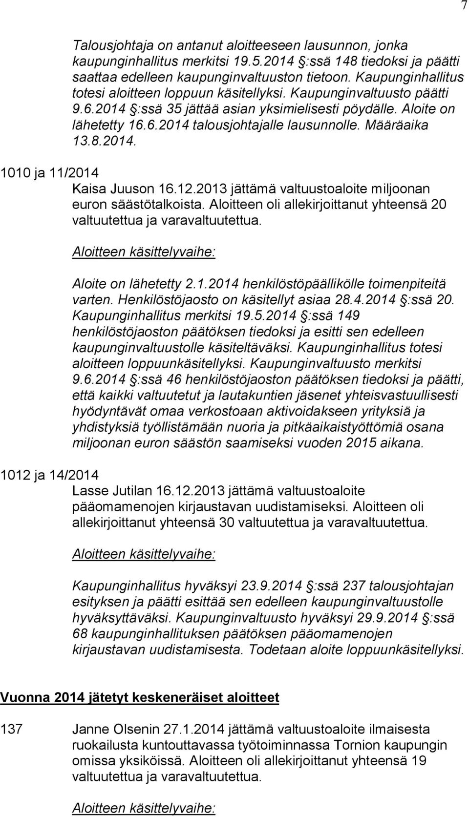 Määräaika 13.8.2014. 1010 ja 11/2014 Kaisa Juuson 16.12.2013 jättämä valtuustoaloite miljoonan euron säästötalkoista. Aloitteen oli allekirjoittanut yhteensä 20 valtuutettua ja varavaltuutettua.