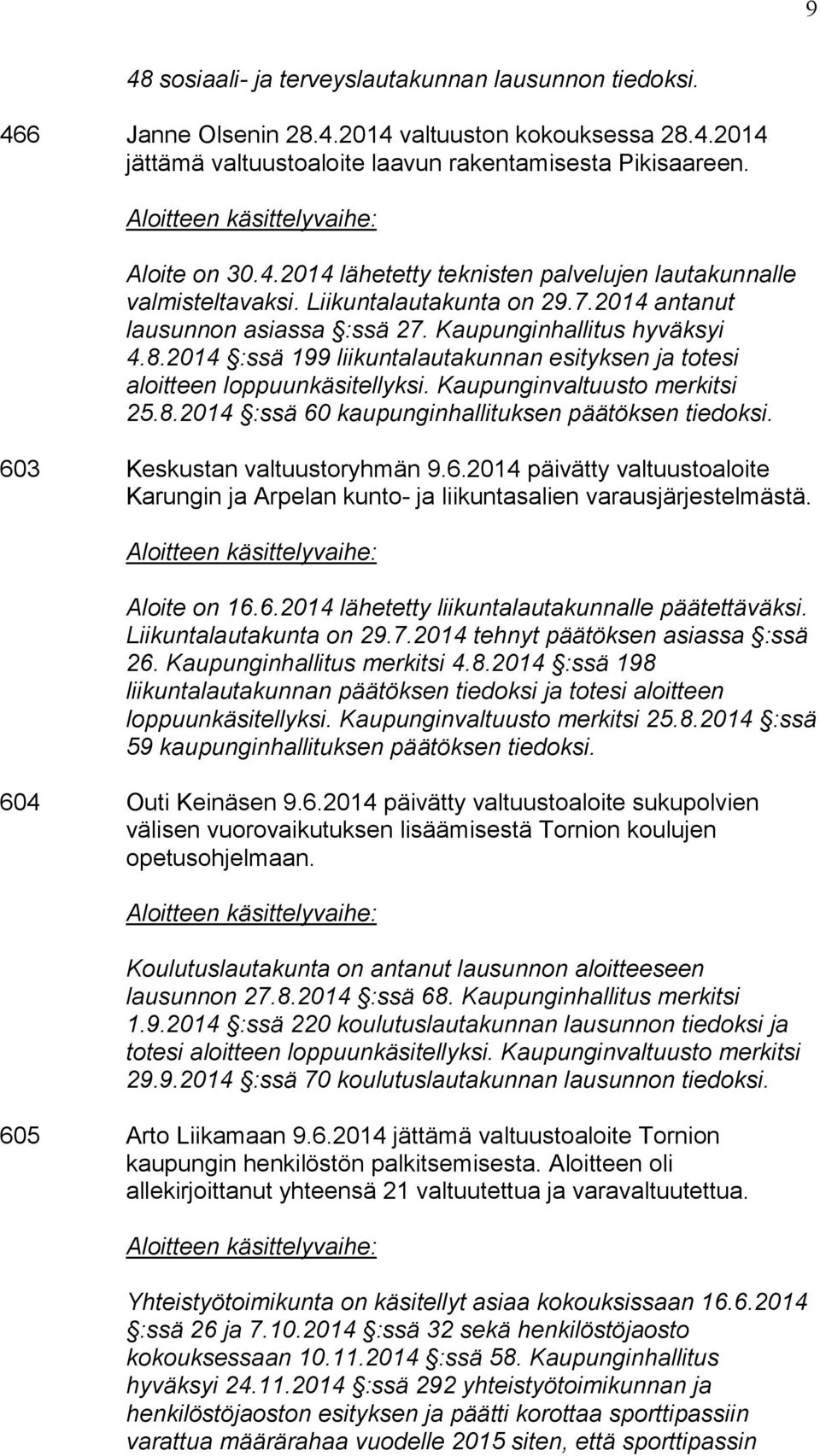 Kaupunginvaltuusto merkitsi 25.8.2014 :ssä 60 kaupunginhallituksen päätöksen tiedoksi. 603 Keskustan valtuustoryhmän 9.6.2014 päivätty valtuustoaloite Karungin ja Arpelan kunto- ja liikuntasalien varausjärjestelmästä.