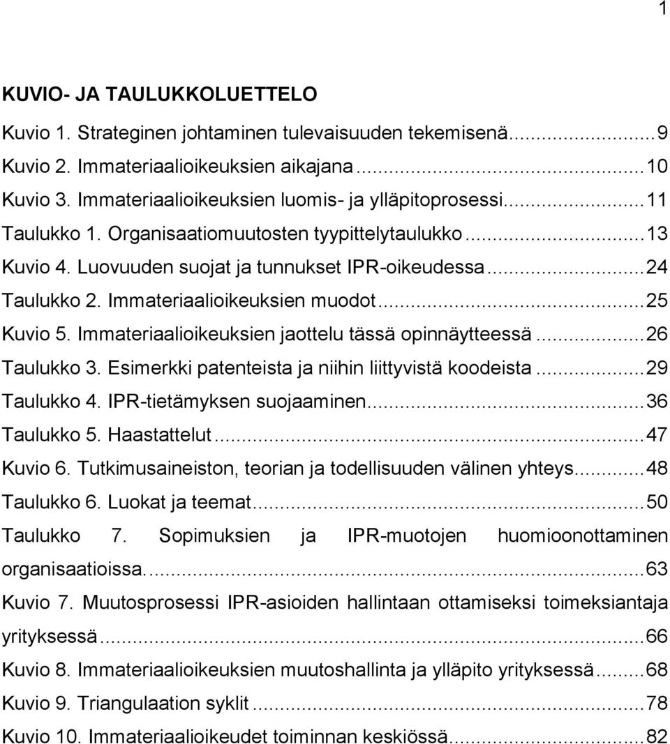 Immateriaalioikeuksien jaottelu tässä opinnäytteessä... 26 Taulukko 3. Esimerkki patenteista ja niihin liittyvistä koodeista... 29 Taulukko 4. IPR-tietämyksen suojaaminen... 36 Taulukko 5.