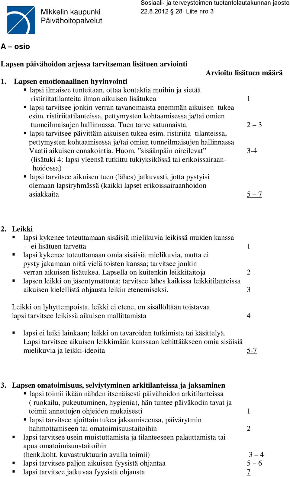 aikuisen tukea esim. ristiriitatilanteissa, pettymysten kohtaamisessa ja/tai omien tunneilmaisujen hallinnassa. Tuen tarve satunnaista. 2 3 lapsi tarvitsee päivittäin aikuisen tukea esim.