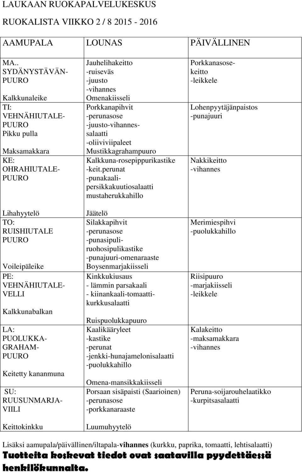 Porkkanapihvit -juustosalaatti -oliiviviipaleet Mustikkagrahampuuro Kalkkuna-rosepippurikastike -keit.