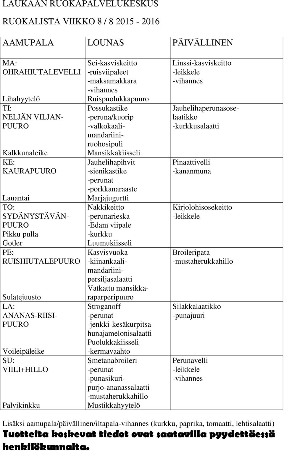 -kurkku Luumukiisseli Kasvisvuoka -kiinankaalimandariinipersiljasalaatti Vatkattu mansikkaraparperipuuro Stroganoff -jenkki-kesäkurpitsahunajamelonisalaatti Puolukkakiisseli -kermavaahto