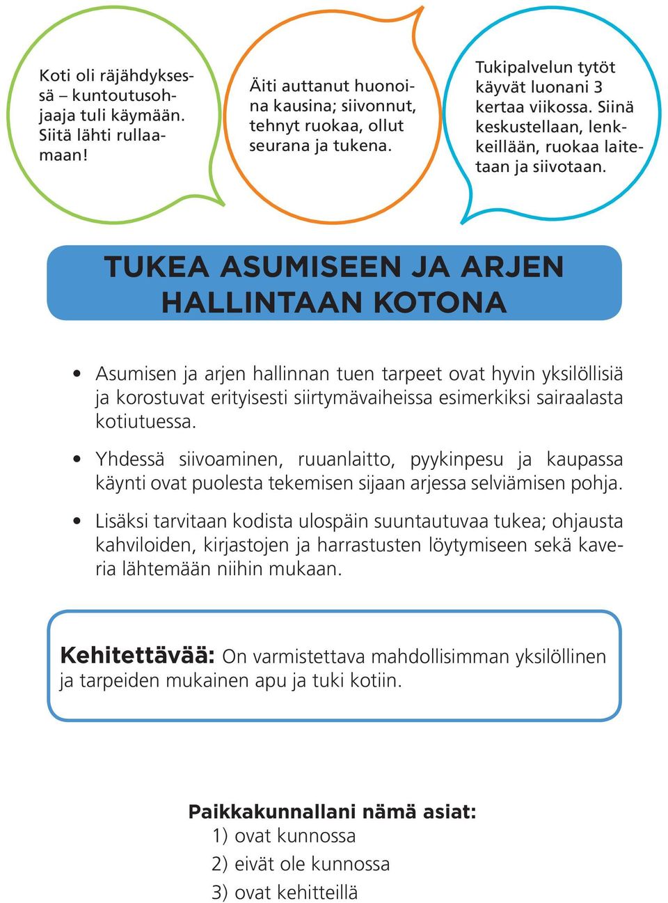 TUKEA ASUMISEEN JA ARJEN HALLINTAAN KOTONA Asumisen ja arjen hallinnan tuen tarpeet ovat hyvin yksilöllisiä ja korostuvat erityisesti siirtymävaiheissa esimerkiksi sairaalasta kotiutuessa.