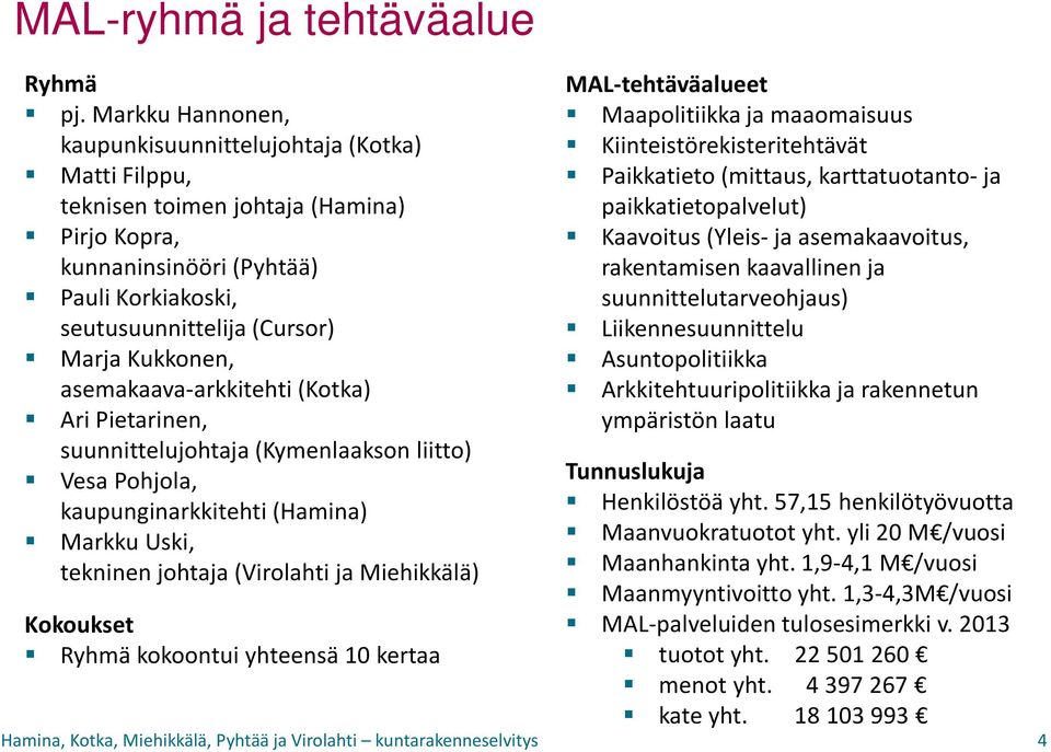 asemakaava-arkkitehti (Kotka) Ari Pietarinen, suunnittelujohtaja (Kymenlaakson liitto) Vesa Pohjola, kaupunginarkkitehti (Hamina) Markku Uski, tekninen johtaja (Virolahti ja Miehikkälä) Kokoukset