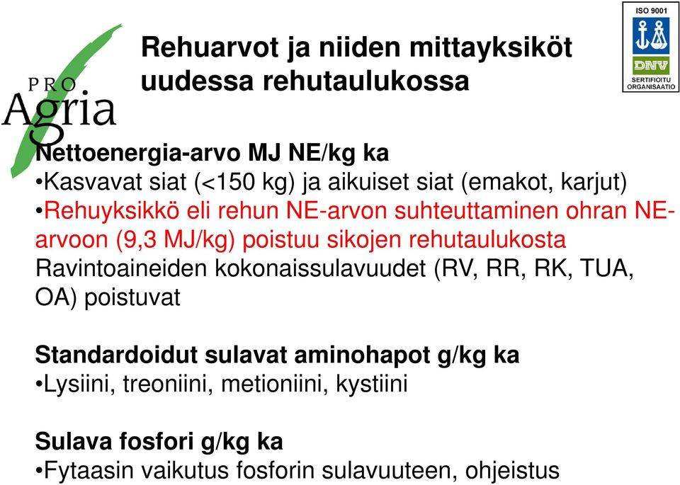 sikojen rehutaulukosta Ravintoaineiden kokonaissulavuudet (RV, RR, RK, TUA, OA) poistuvat Standardoidut sulavat