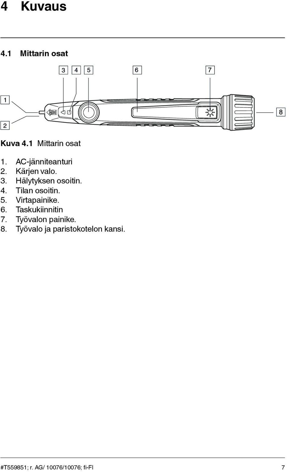 Tilan osoitin. 5. Virtapainike. 6. Taskukiinnitin 7.