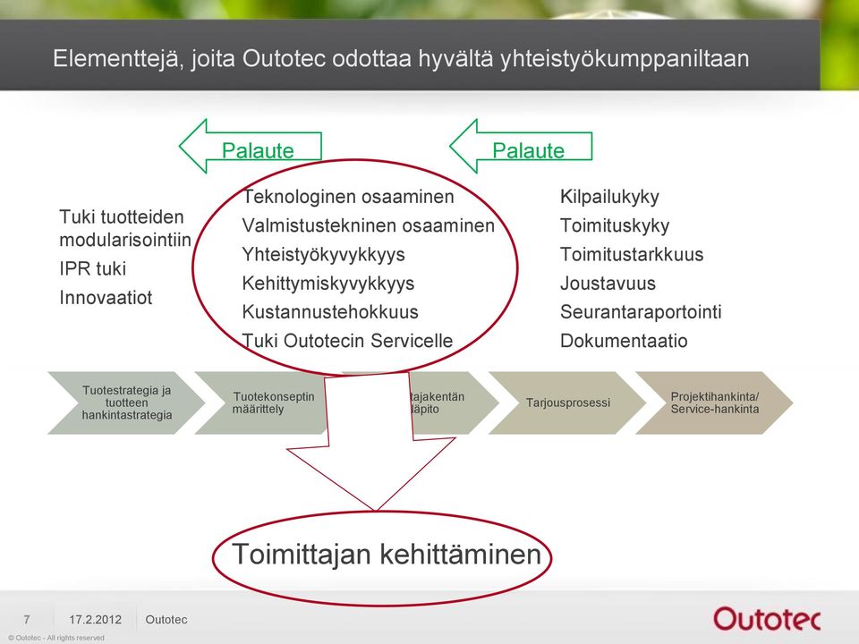 Kilpailukyky Toimituskyky Toimitustarkkuus Joustavuus Seurantaraportointi Dokumentaatio Tuotestrategia ja tuotteen hankintastrategia