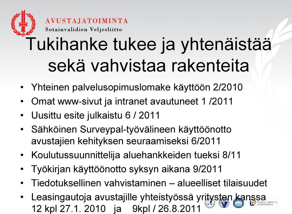 seuraamiseksi 6/2011 Koulutussuunnittelija aluehankkeiden tueksi 8/11 Työkirjan käyttöönotto syksyn aikana 9/2011