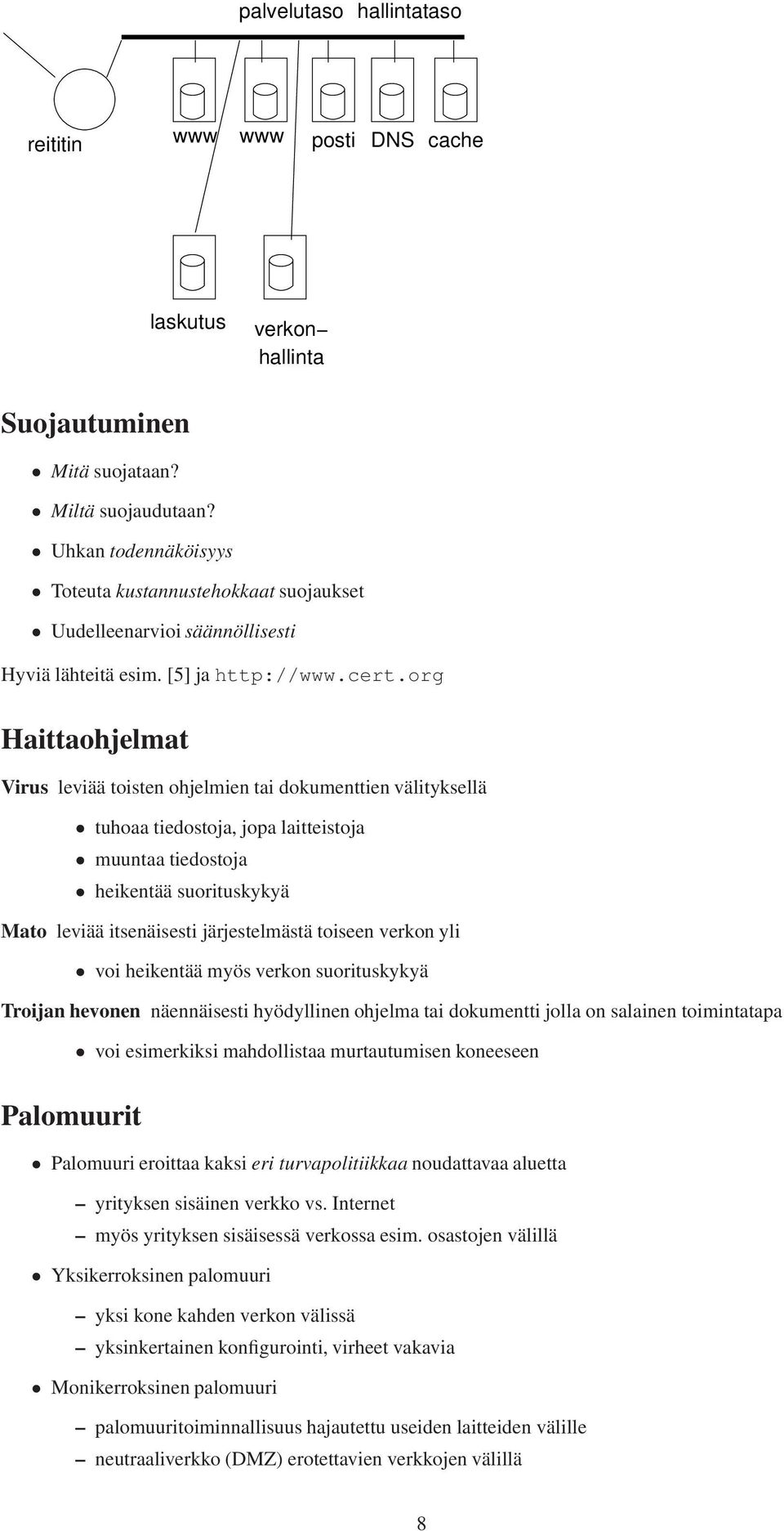 org Haittaohjelmat Virus leviää toisten ohjelmien tai dokumenttien välityksellä tuhoaa tiedostoja, jopa laitteistoja muuntaa tiedostoja heikentää suorituskykyä Mato leviää itsenäisesti järjestelmästä