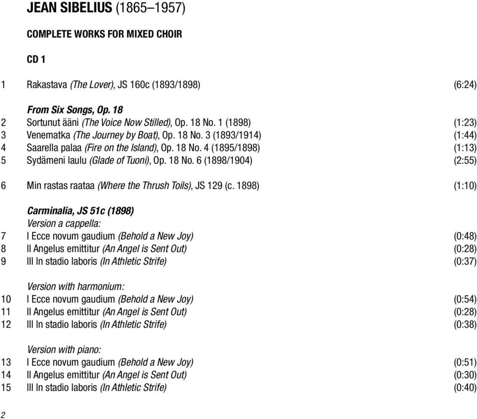 1898) (1:10) Carminalia, JS 51c (1898) Version a cappella: 7 I Ecce novum gaudium (Behold a New Joy) (0:48) 8 II Angelus emittitur (An Angel is Sent Out) (0:28) 9 III In stadio laboris (In Athletic