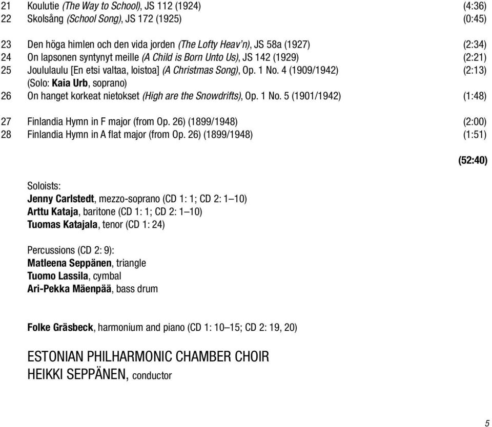 4 (1909/1942) (2:13) (Solo: Kaia Urb, soprano) 26 On hanget korkeat nietokset (High are the Snowdrifts), Op. 1 No. 5 (1901/1942) (1:48) 27 Finlandia Hymn in F major (from Op.