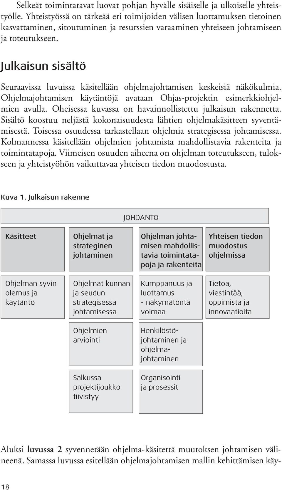 Julkaisun sisältö Seuraavissa luvuissa käsitellään ohjelmajohtamisen keskeisiä näkökulmia. Ohjelmajohtamisen käytäntöjä avataan Ohjas-projektin esimerkkiohjelmien avulla.