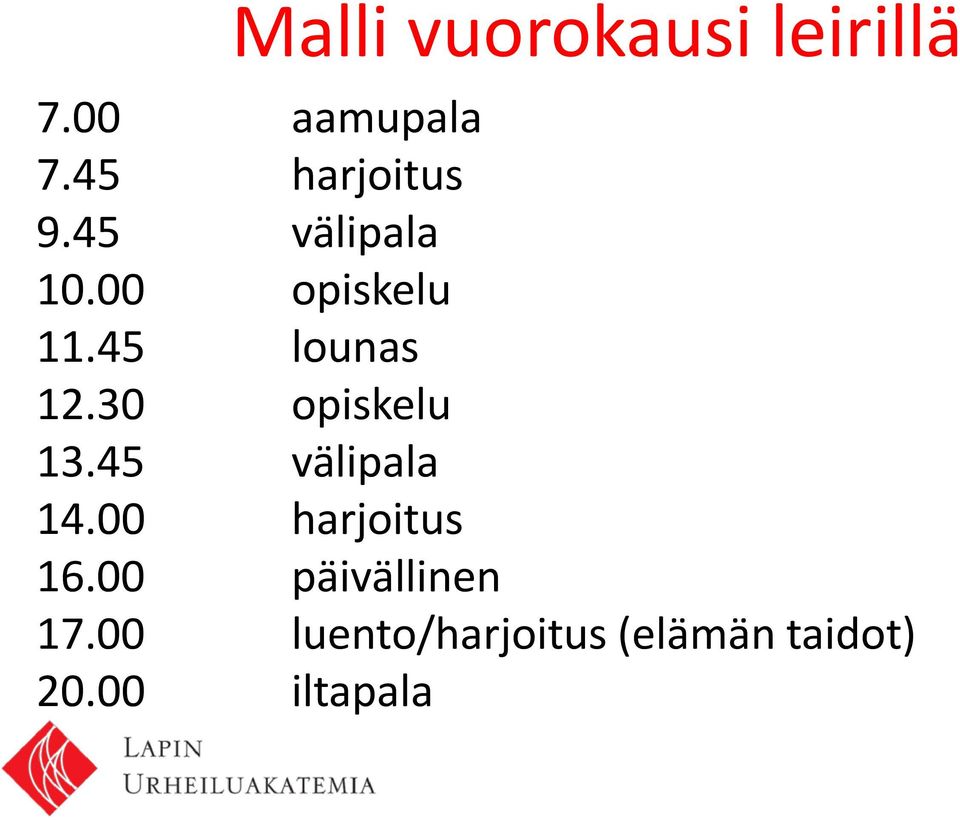 45 lounas 12.30 opiskelu 13.45 välipala 14.