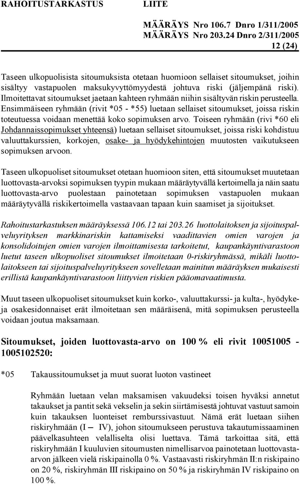 Ensimmäiseen ryhmään (rivit *05 - *55) luetaan sellaiset sitoumukset, joissa riskin toteutuessa voidaan menettää koko sopimuksen arvo.