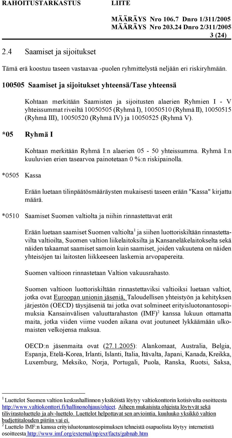 III), 10050520 (Ryhmä IV) ja 10050525 (Ryhmä V). *05 Ryhmä I *0505 Kassa Kohtaan merkitään Ryhmä I:n alaerien 05-50 yhteissumma. Ryhmä I:n kuuluvien erien tasearvoa painotetaan 0 %:n riskipainolla.