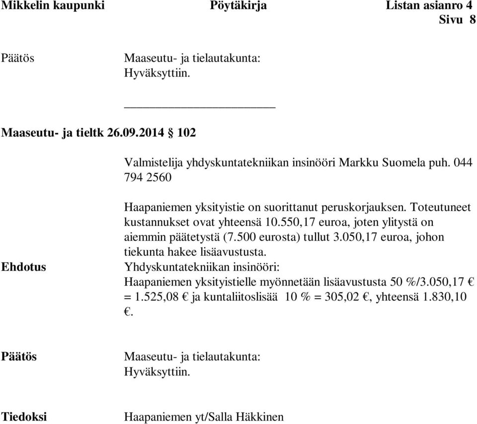 Toteutuneet kustannukset ovat yhteensä 10.550,17 euroa, joten ylitystä on aiemmin päätetystä (7.500 eurosta) tullut 3.050,17 euroa, johon tiekunta hakee lisäavustusta.